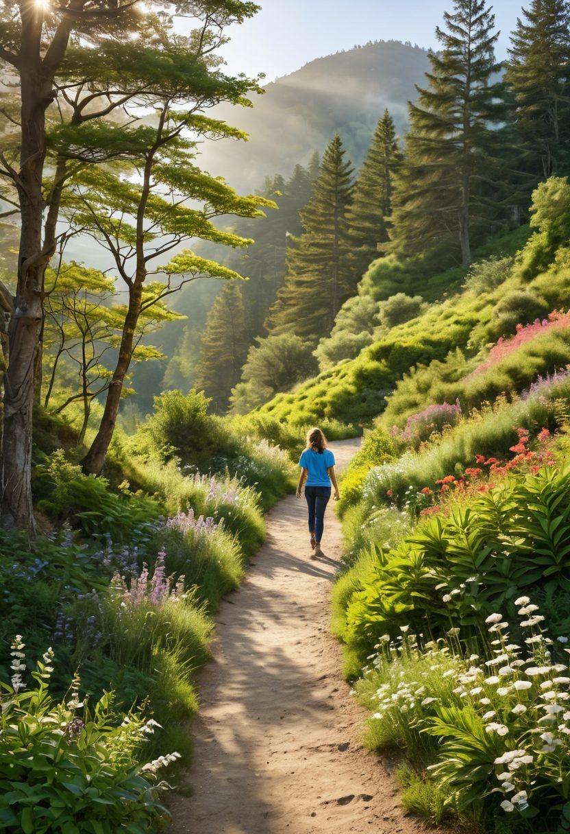 A serene landscape featuring a winding path through a lush forest, bathed in warm sunlight. Along the path, vibrant flowers bloom, symbolizing joy and emotional wellness. A person is seen joyfully walking, with a smile and open arms, embodying a sense of freedom and contentment. In the background, calming hills roll gently, dotted with tranquil trees. super-realistic. vibrant colors. peaceful atmosphere.