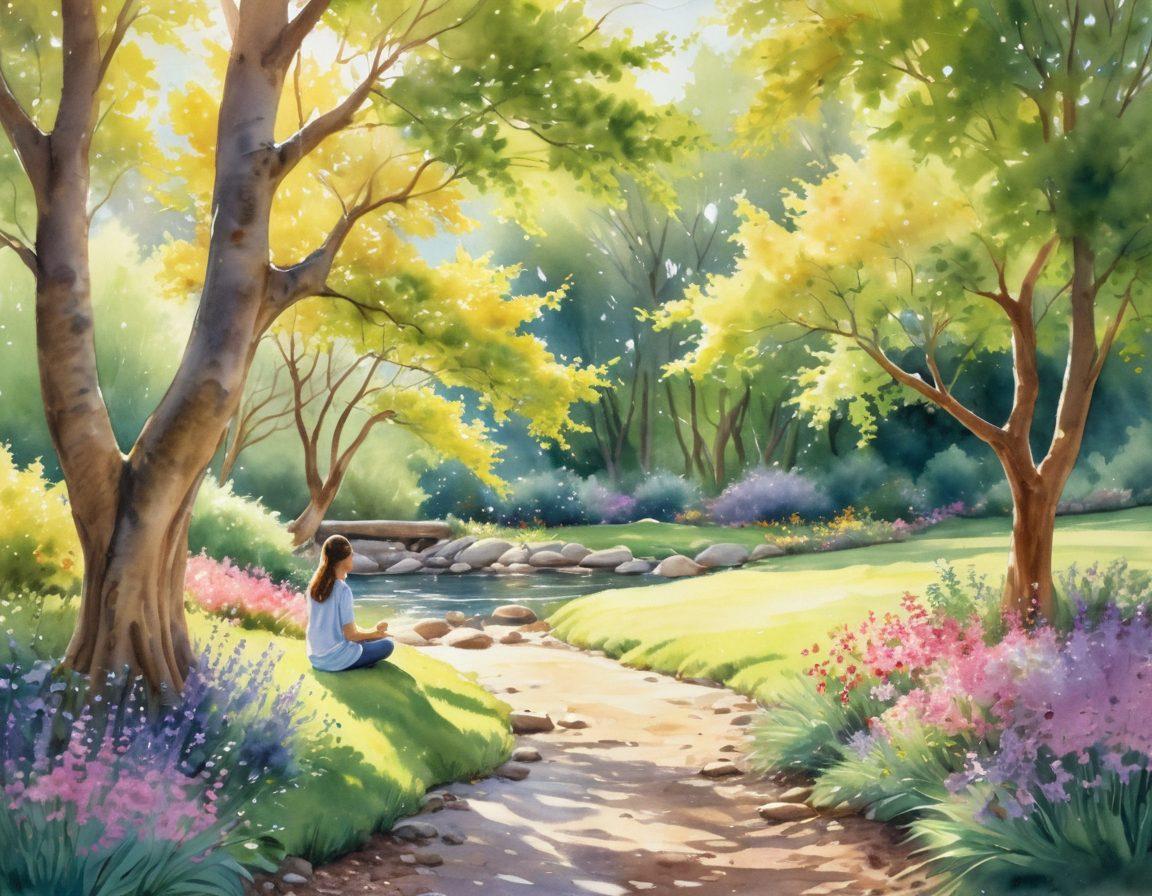 A serene landscape featuring a peaceful garden with blooming flowers, a gently flowing stream, and a person meditating under a tree, embodying tranquility and inner peace. Sunlight filtering through the leaves creates a warm and inviting atmosphere, symbolizing happiness and fulfillment. The scene includes soft, comforting colors to evoke a sense of contentment. watercolor painting. soft pastel colors. natural light.